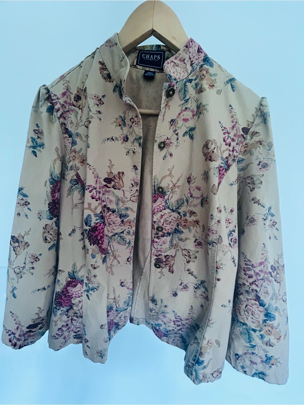 Chaps Beige Floral Button-Front Jacket with Mandarin Collar
